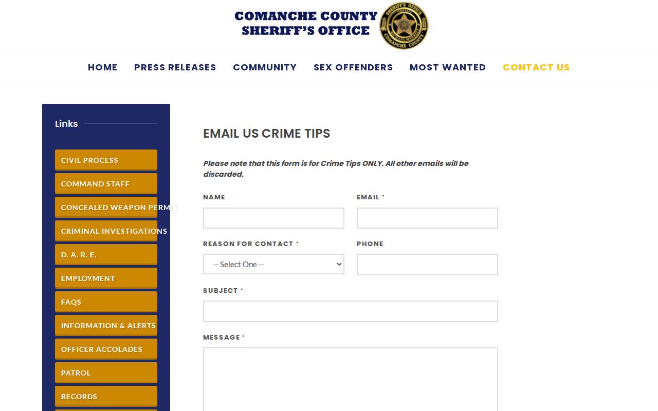 Comanche County Most Wanted warrant records crime tip form