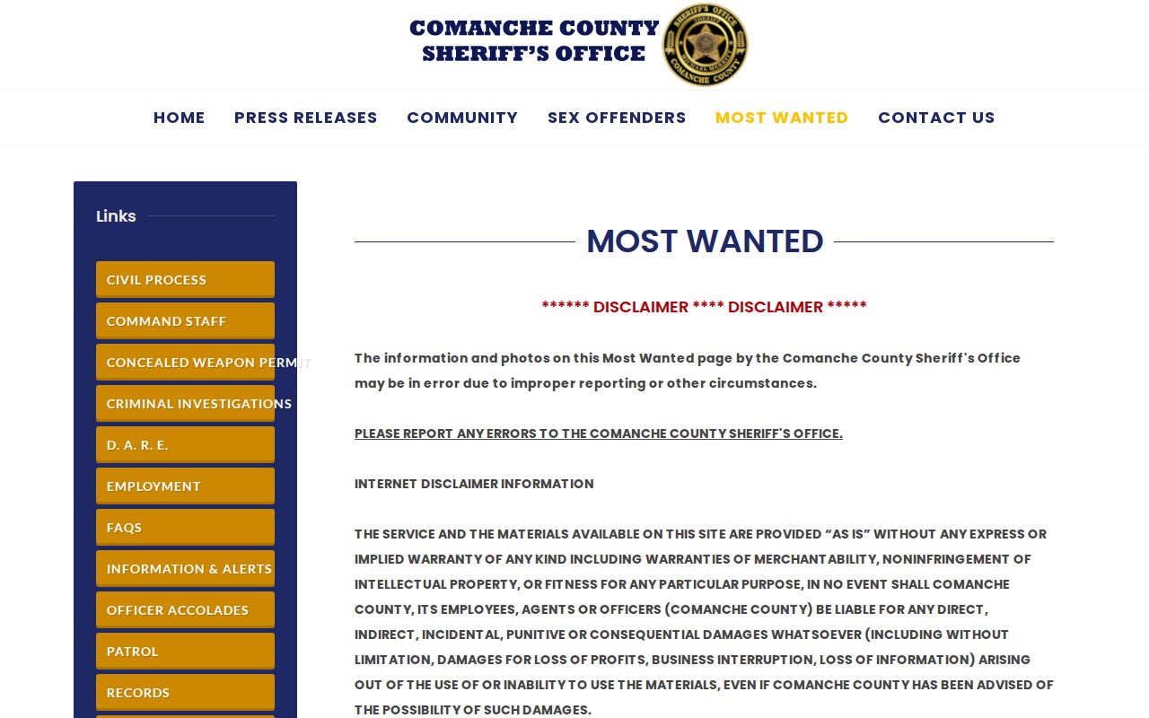 Comanche County active warrant search Most Wanted program disclaimer