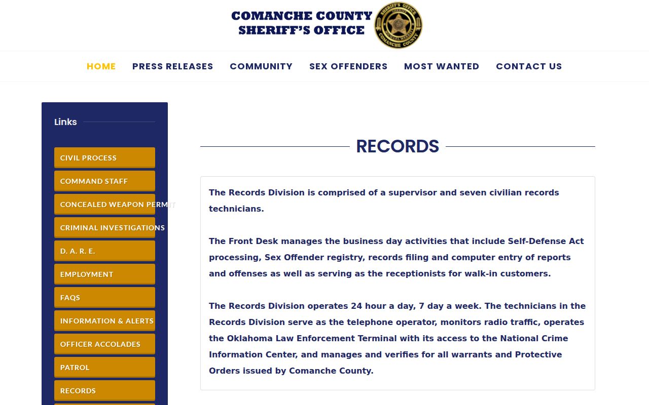 Comanche County warrant records Sheriff Records Division contact page